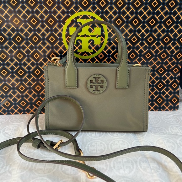 Tory Burch Ella Nylon Mini Tote Bag Crossbody Palm Leaf Gold Green - Picture 1 of 9